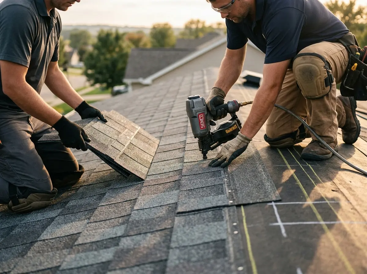 Professional roofer working on a residential roof in Lincoln City